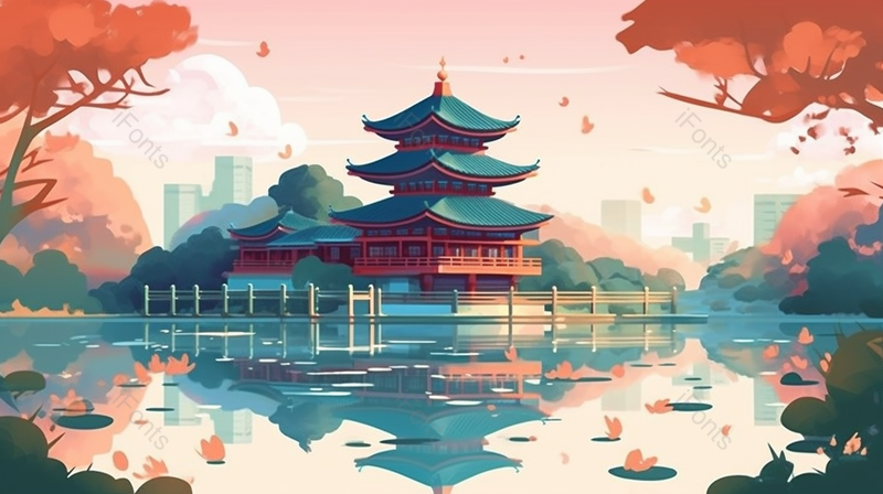 湖水倒影蓝色天空国潮古建筑湖景湖泊宫殿白云国风插画,插画/手绘图,插画/手绘图库,插画/手绘图下载,插画/手绘